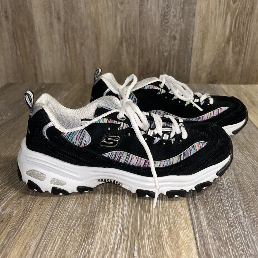Skechers Womens Size 8 D'Lites Black White Rainbow Air Cooled Shoes SN-11978W